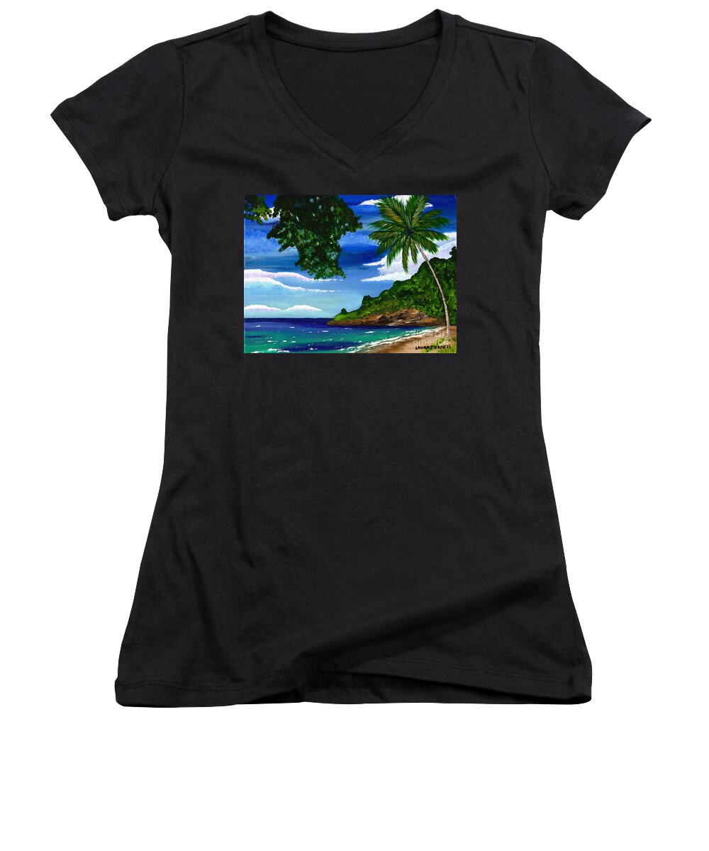 Landscape Women's V-Neck featuring the painting The Coconut Tree by Laura Forde