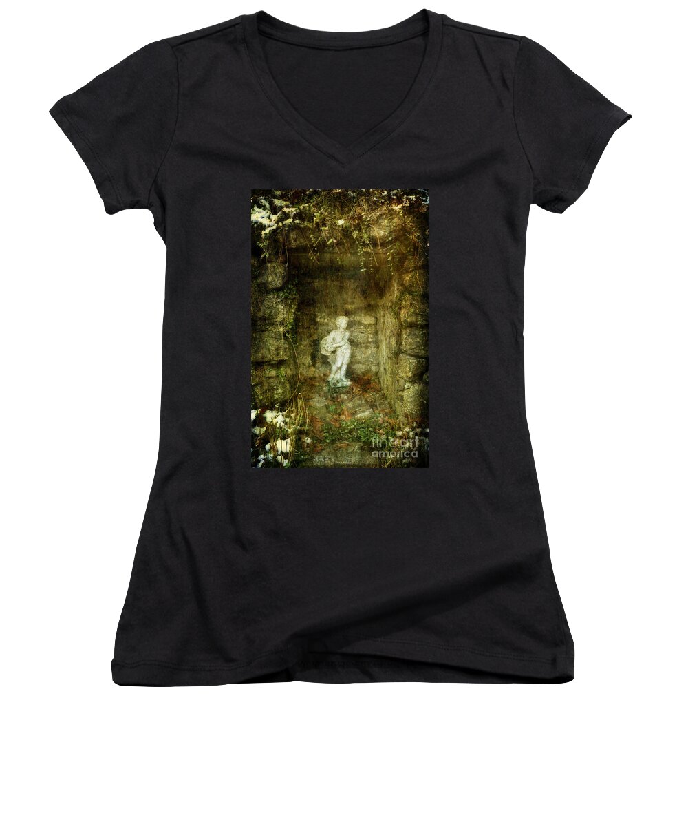 Statue Women's V-Neck featuring the photograph The Cold Flower Boy by Debra Fedchin