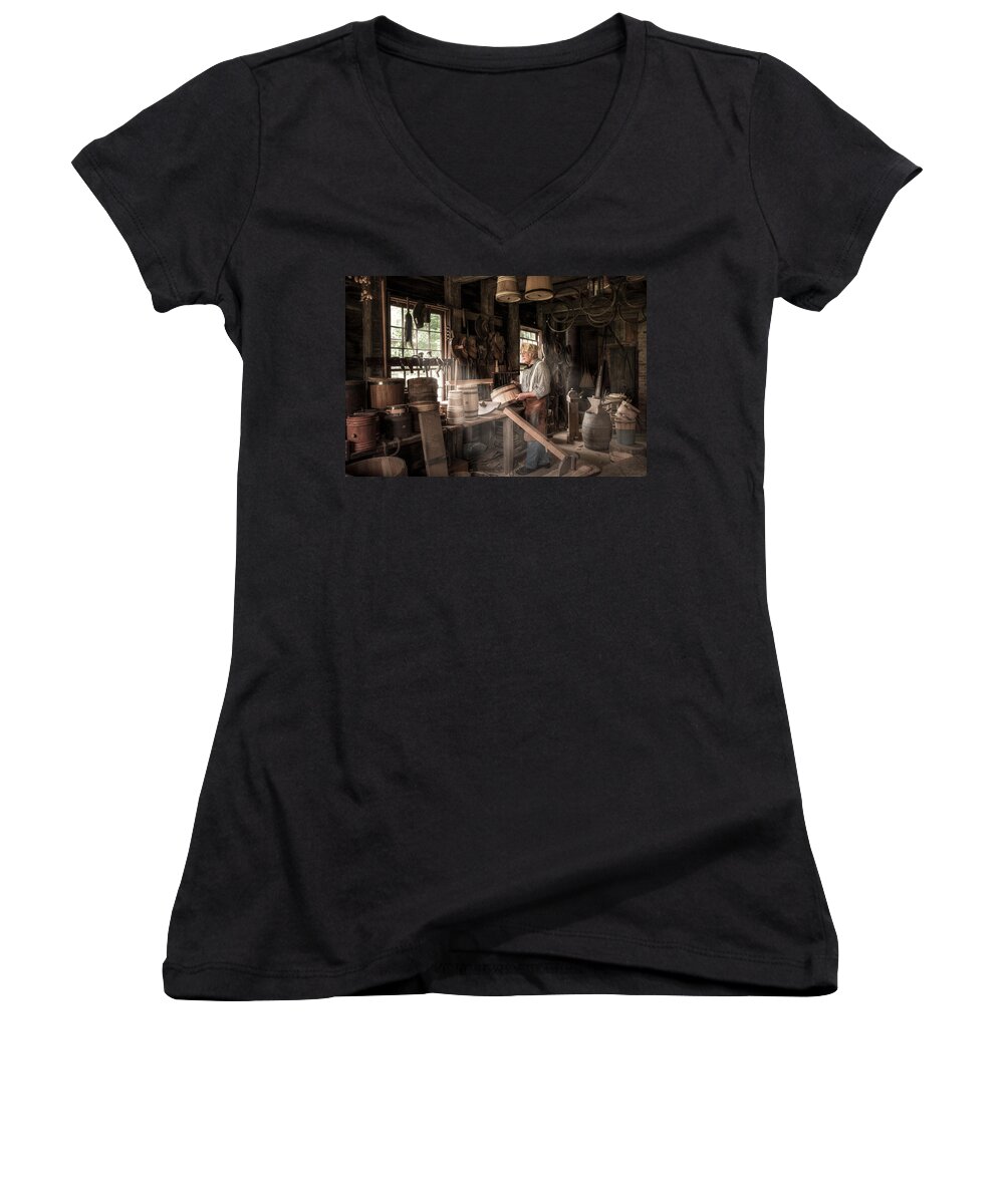 Cooper Women's V-Neck featuring the photograph The Cooper - 19th Century Artisan in his Workshop by Gary Heller