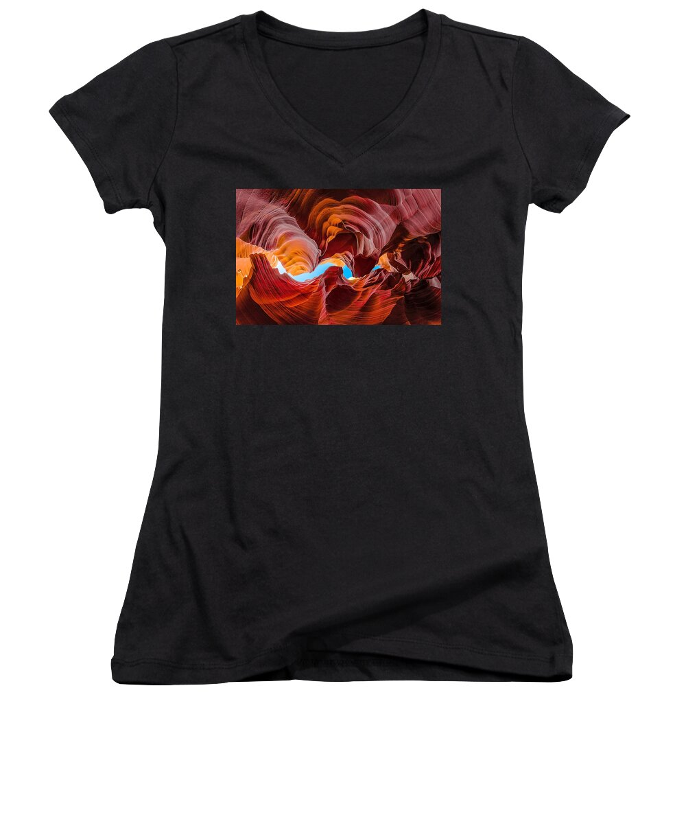 Antelope Canyon Women's V-Neck featuring the photograph The Crack in the Sky by Jason Chu