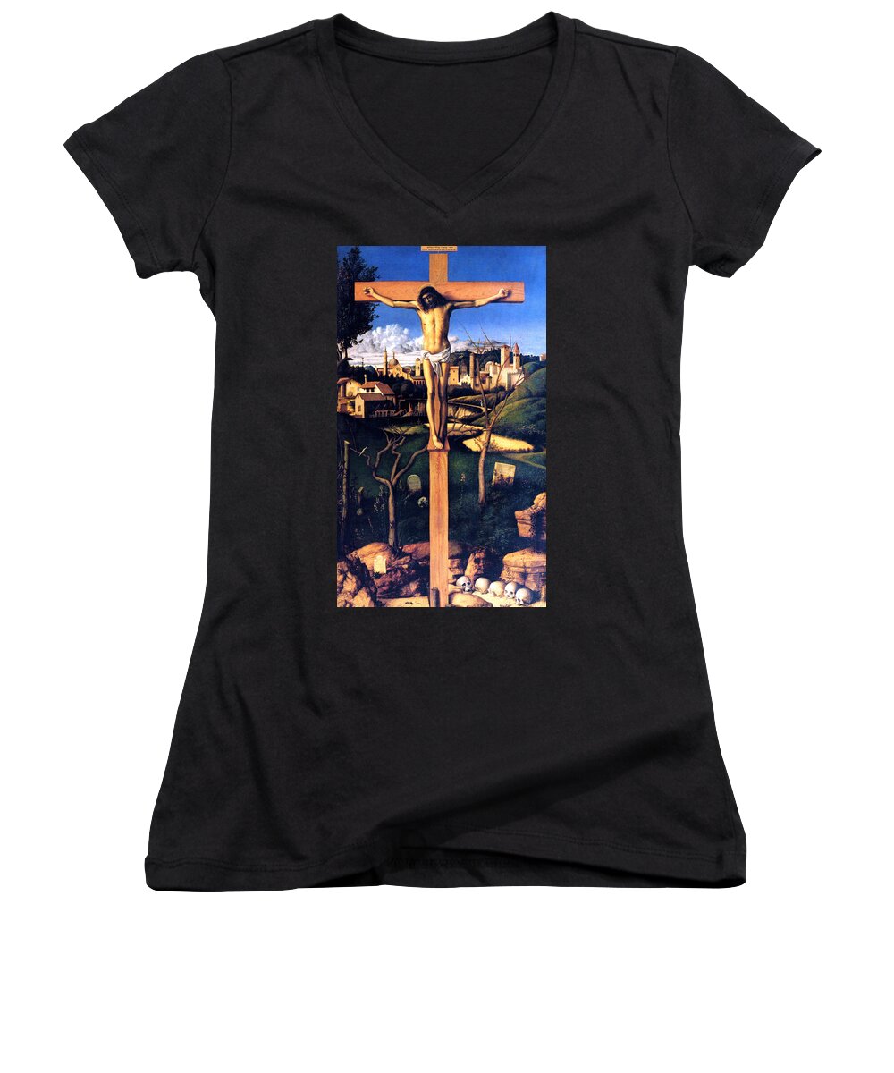 Crucifixion Women's V-Neck featuring the painting The Crucifixion 1503 Giovanni Bellini by Karon Melillo DeVega