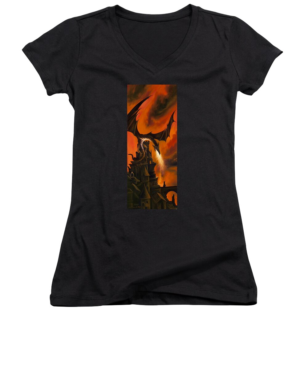 Fantasy; James Christopher Hill; James Hill Gallery; Red; Sunrise; Sunset; Power; Glory; Cloudscape; Skyscape; Purple; Blue; Landscape; Mid-evil; Storm; Tornado; Lightning; Dragon; Sky; Gothic; Castle; Germany Women's V-Neck featuring the painting The Dragon's Tower by James Hill