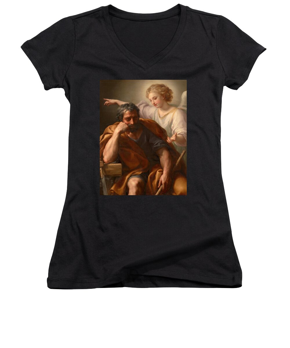 Anton Raphael Mengs Women's V-Neck featuring the painting The Dream of St Joseph by Anton Raphael Mengs
