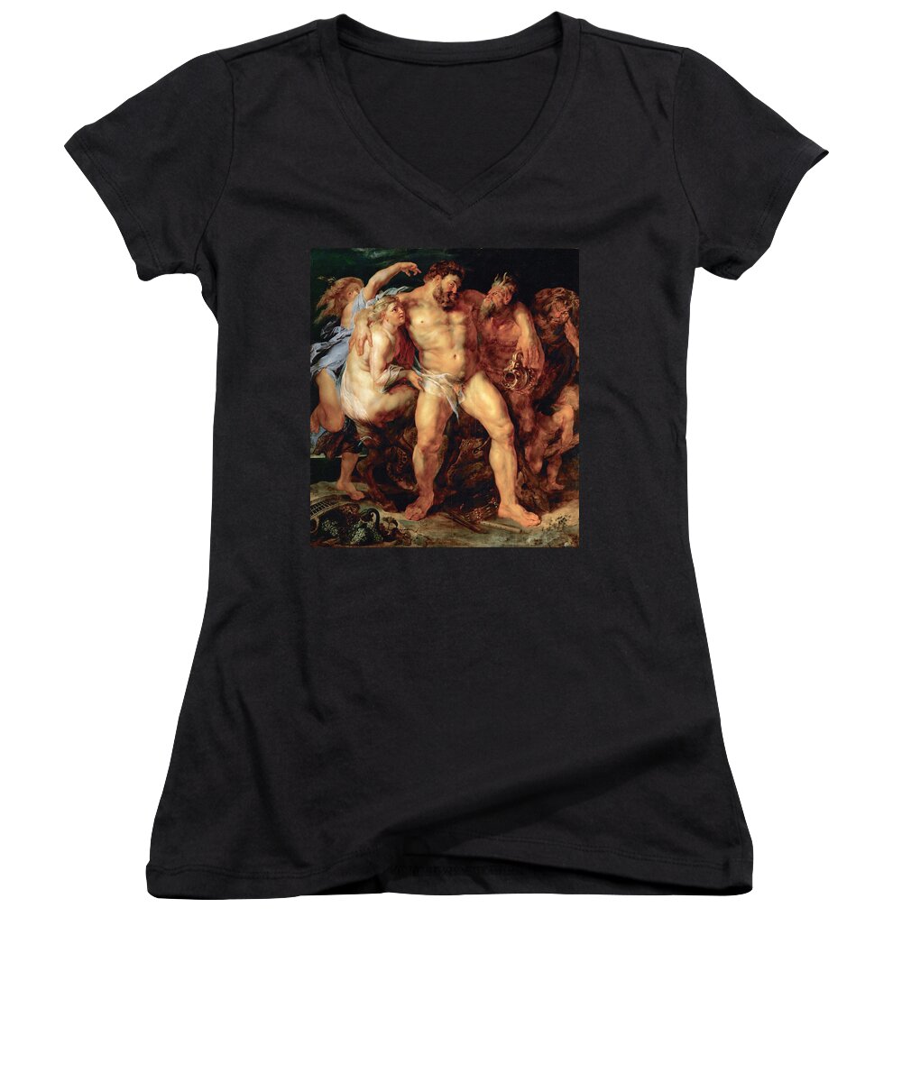 Peter Paul Rubens Women's V-Neck featuring the painting The Drunken Hercules by Peter Paul Rubens