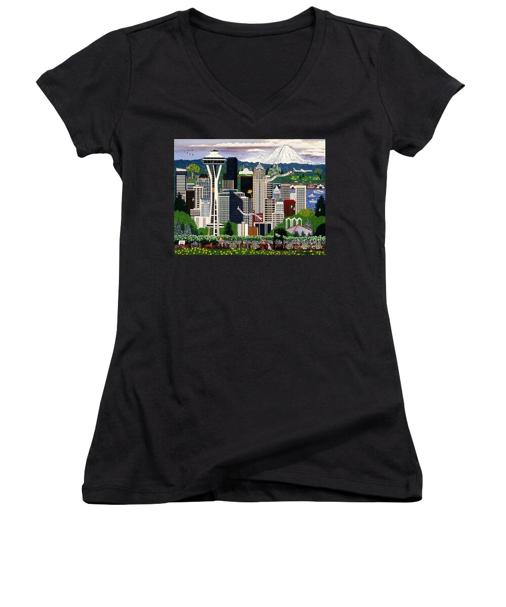 Seattle Women's V-Neck featuring the painting The Emerald City Seattle by Jennifer Lake