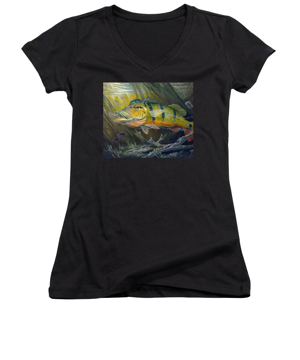 Peacock Bass Women's V-Neck featuring the painting The Great Peacock Bass by Terry Fox