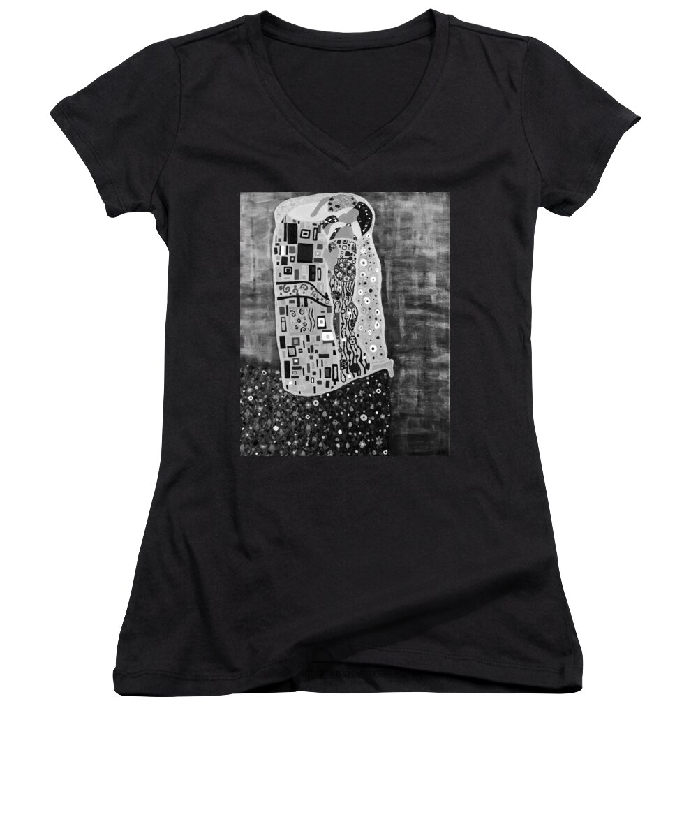 Romance Women's V-Neck featuring the painting The Kiss BW by Angelina Tamez