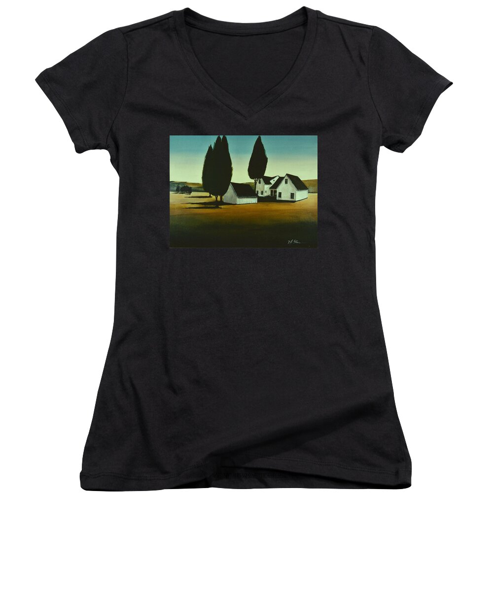 Prairie Women's V-Neck featuring the painting The Parson's House by Diane Strain