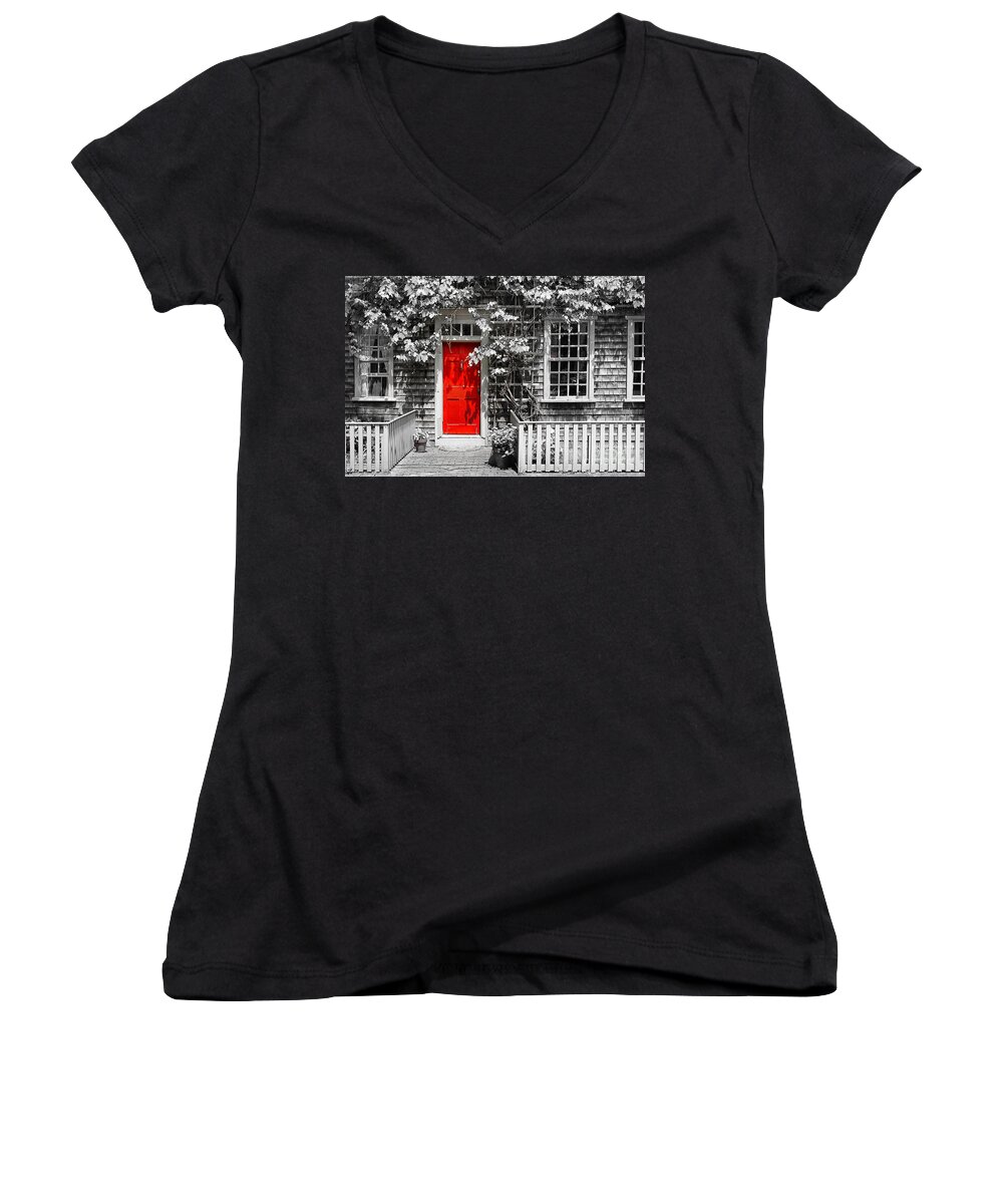 North America Women's V-Neck featuring the photograph The Red Door by Sabine Jacobs