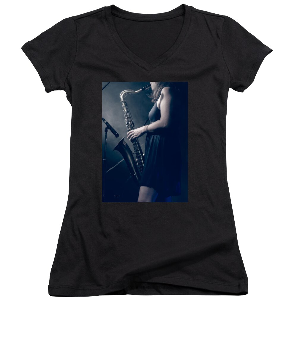 Sax Women's V-Neck featuring the photograph The Saxophonist Sounds In The Night by Bob Orsillo