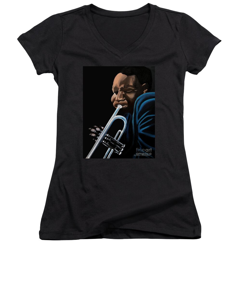 Blues Women's V-Neck featuring the painting The Trumpeter by Barbara McMahon