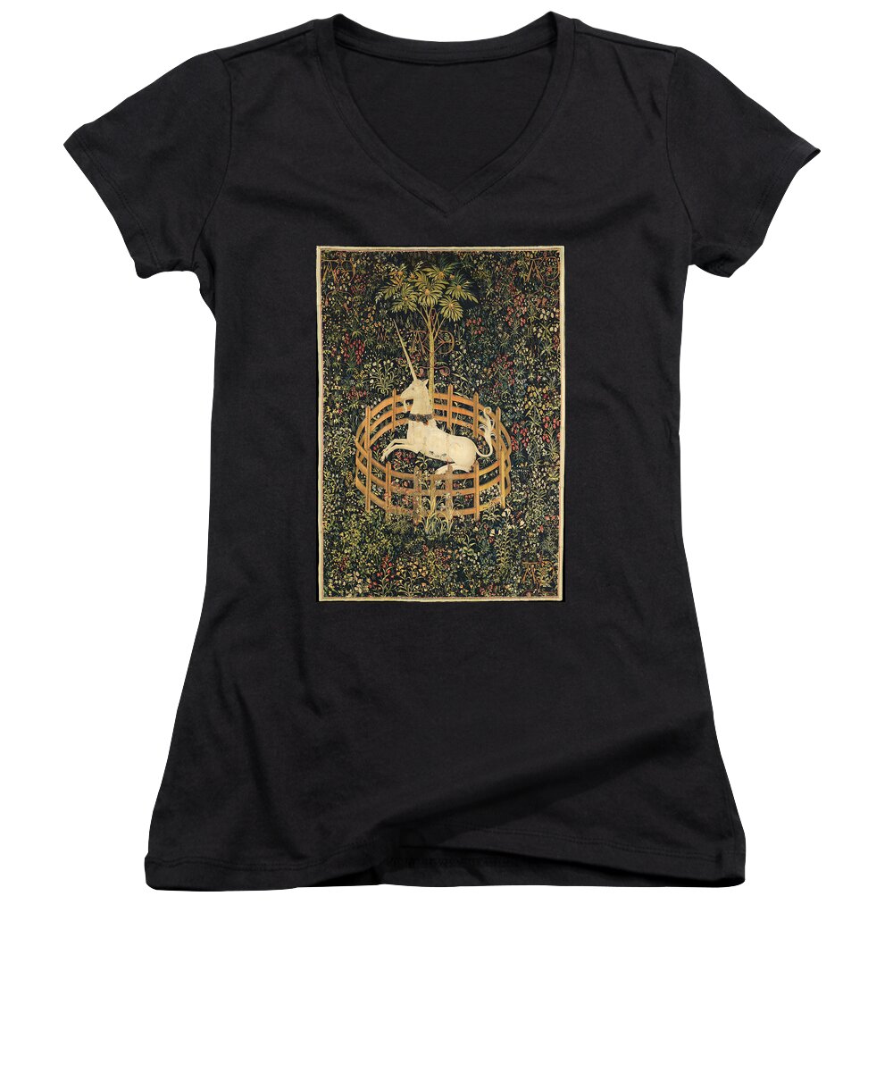 Mythology Women's V-Neck featuring the tapestry - textile The Unicorn in Captivity by Unknown