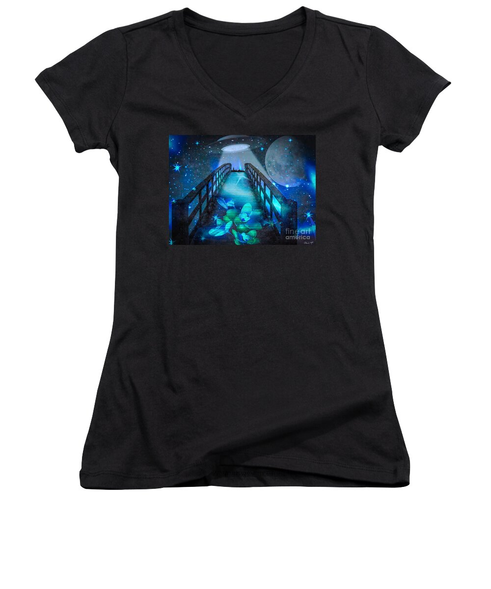 Abstract Women's V-Neck featuring the digital art The Visit by Eleni Synodinou