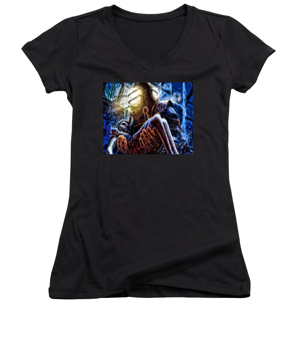 Midnight Streets Women's V-Neck featuring the painting The Watchful Protector by Joe Misrasi