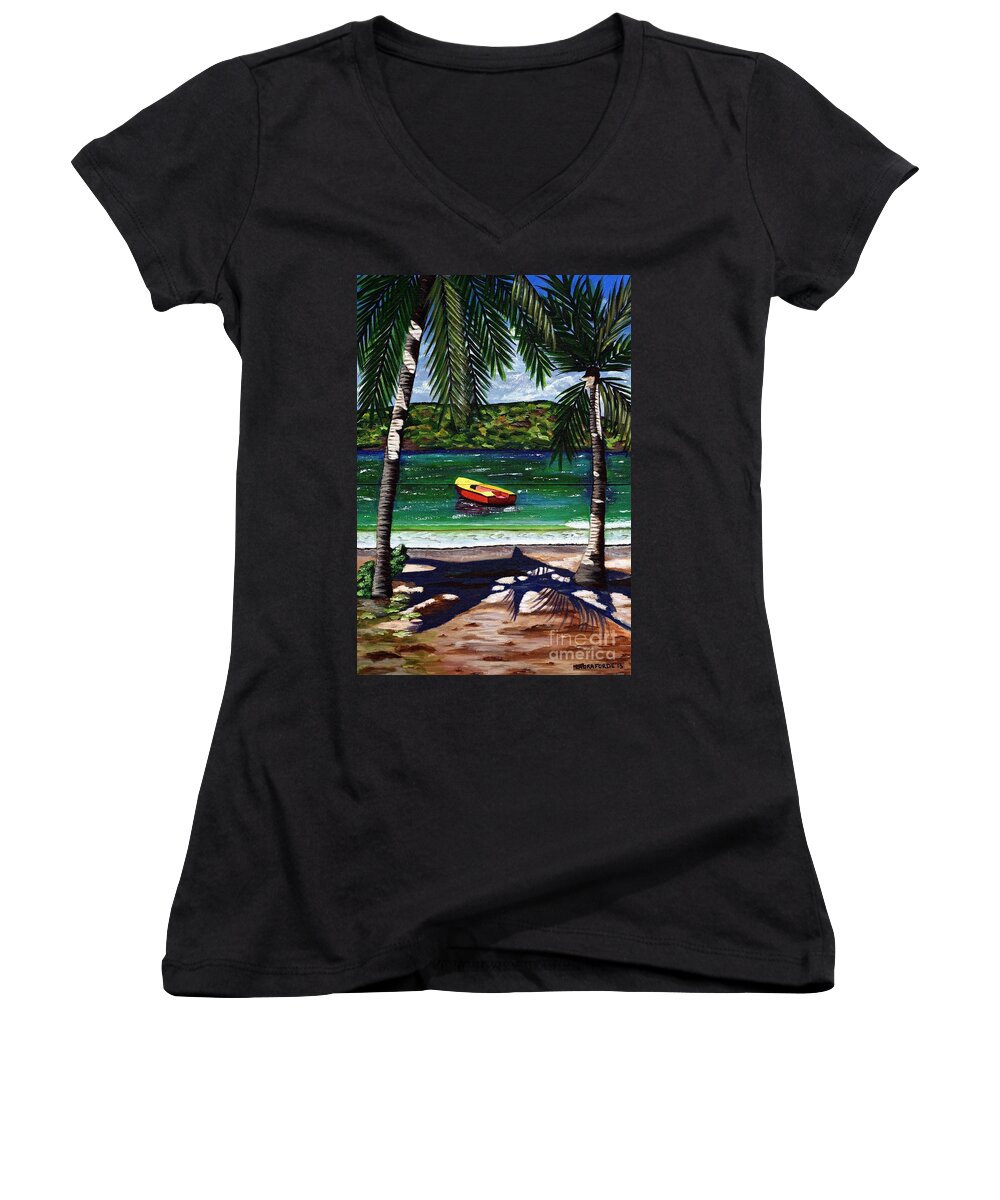 Seascape Women's V-Neck featuring the painting The Yellow and Red Boat by Laura Forde