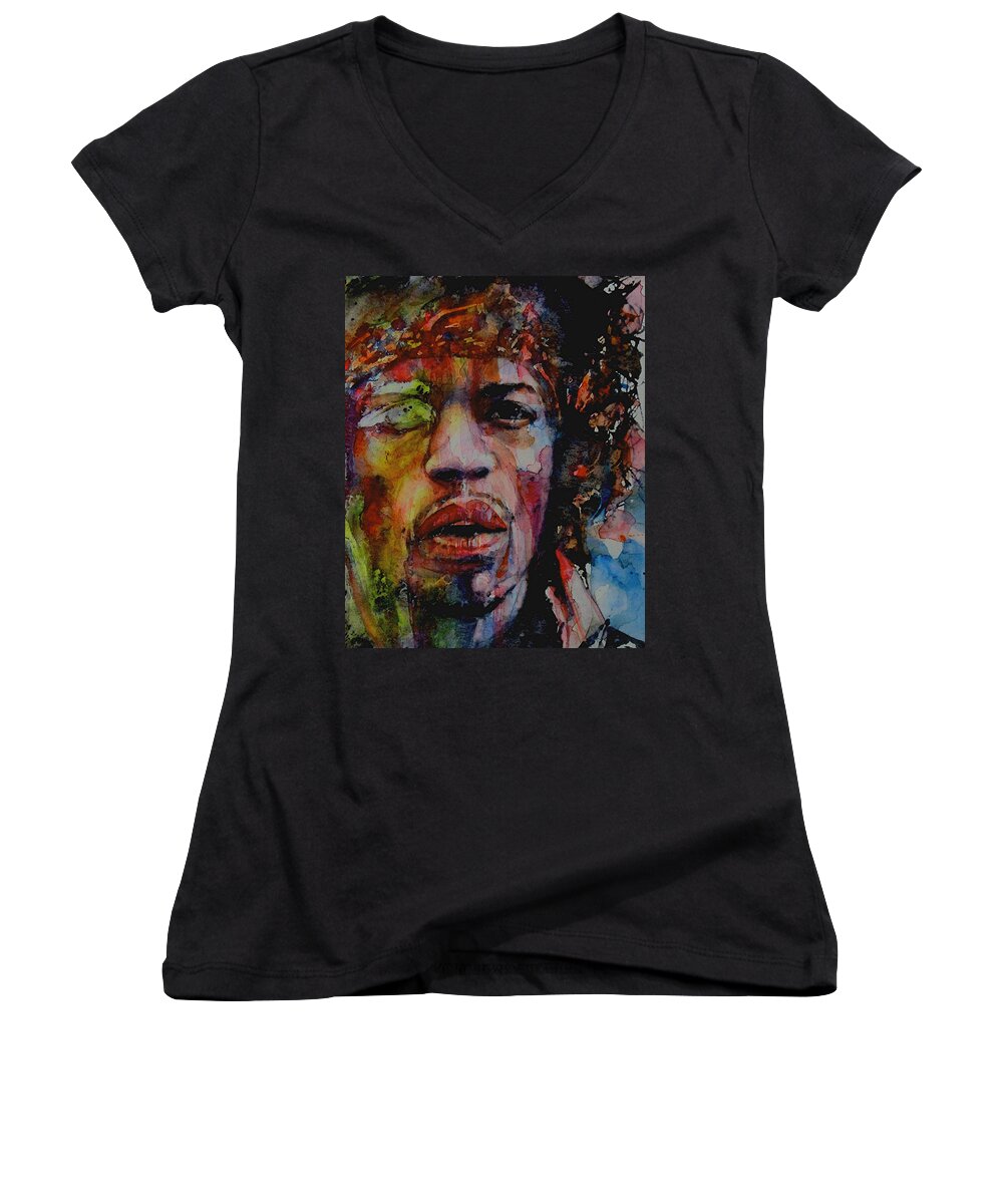 Hendrix Women's V-Neck featuring the painting There Must Be Some Kind Of Way Out Of Here by Paul Lovering
