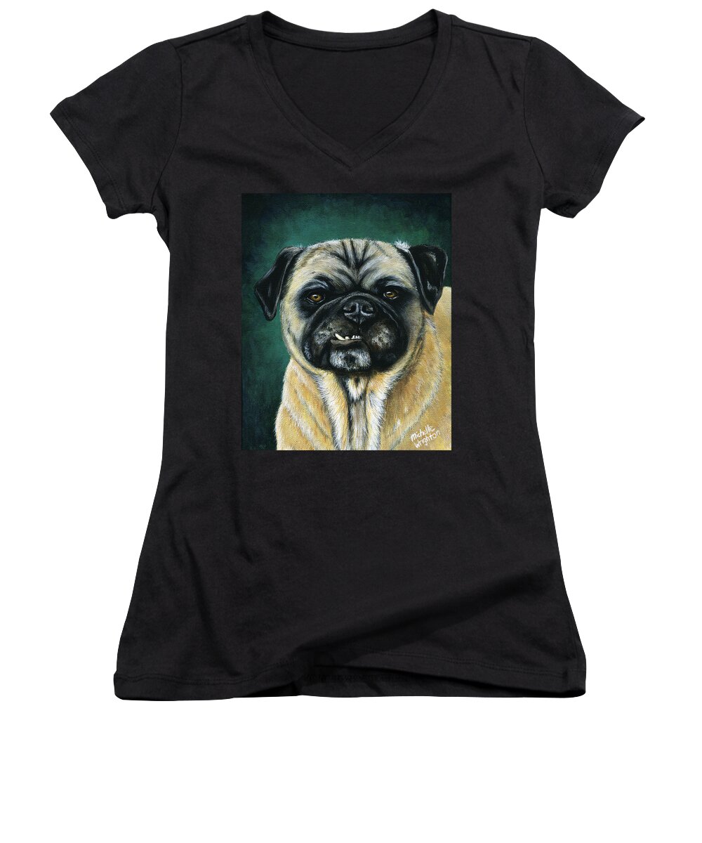 Pug Dog Women's V-Neck featuring the painting This is my happy face - Pug Dog painting by Michelle Wrighton