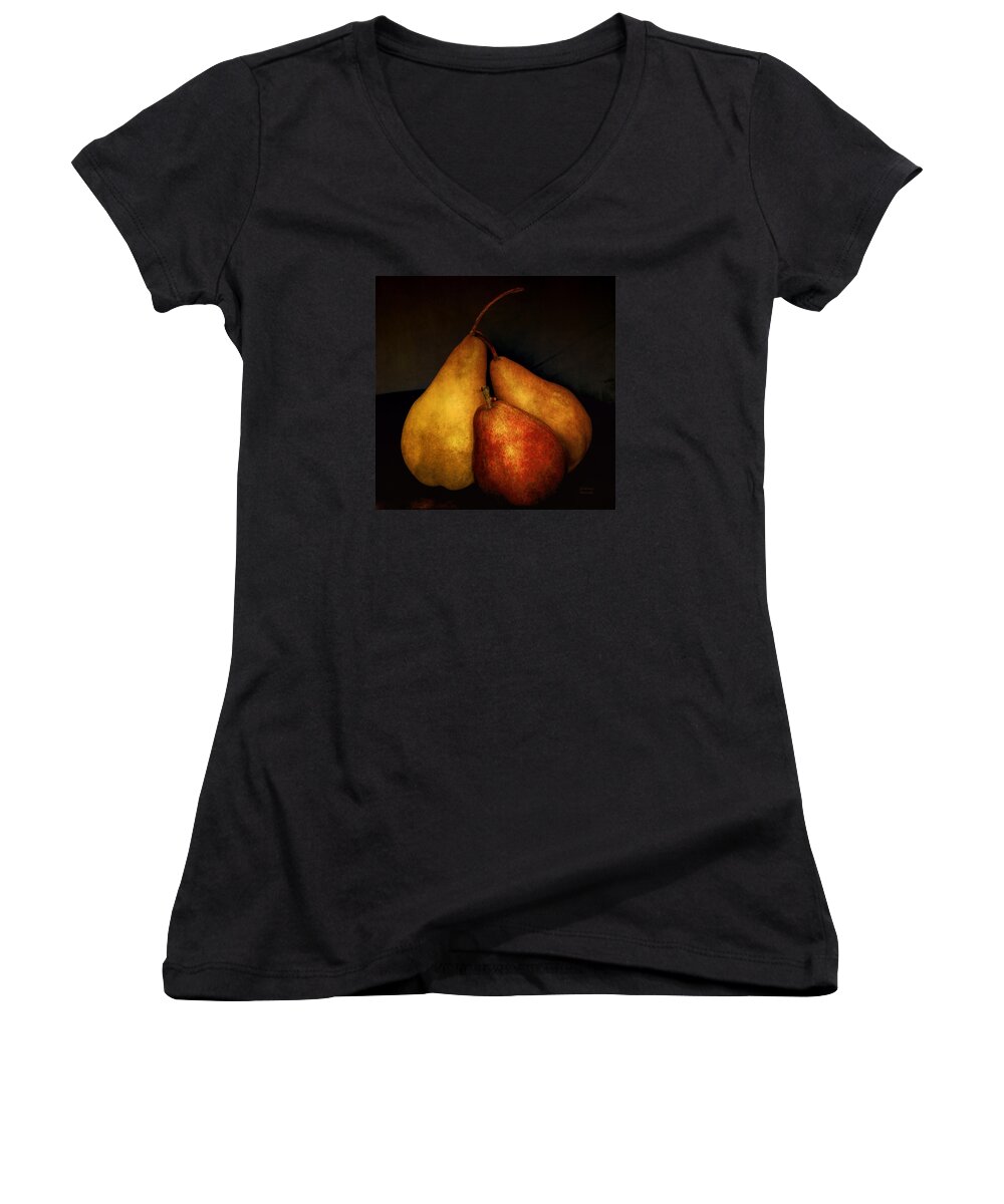 Pears Women's V-Neck featuring the photograph Three Pears by Julie Palencia