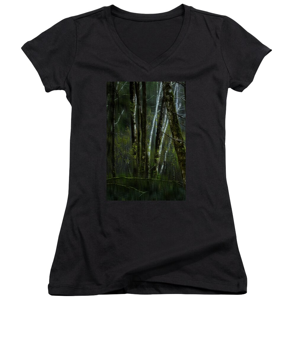 Woods Women's V-Neck featuring the photograph Through a Glass . . . Darkly by Belinda Greb