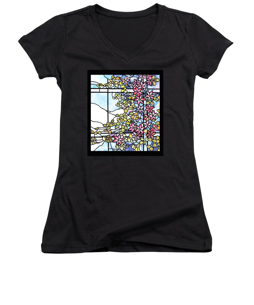 Clematis Women's V-Neck featuring the painting Stained Glass Tiffany Floral Skylight - Fenway Gate by Donna Walsh