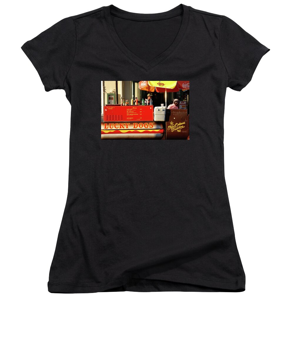New Orleans Women's V-Neck featuring the photograph Time for a Lucky Dog by KG Thienemann
