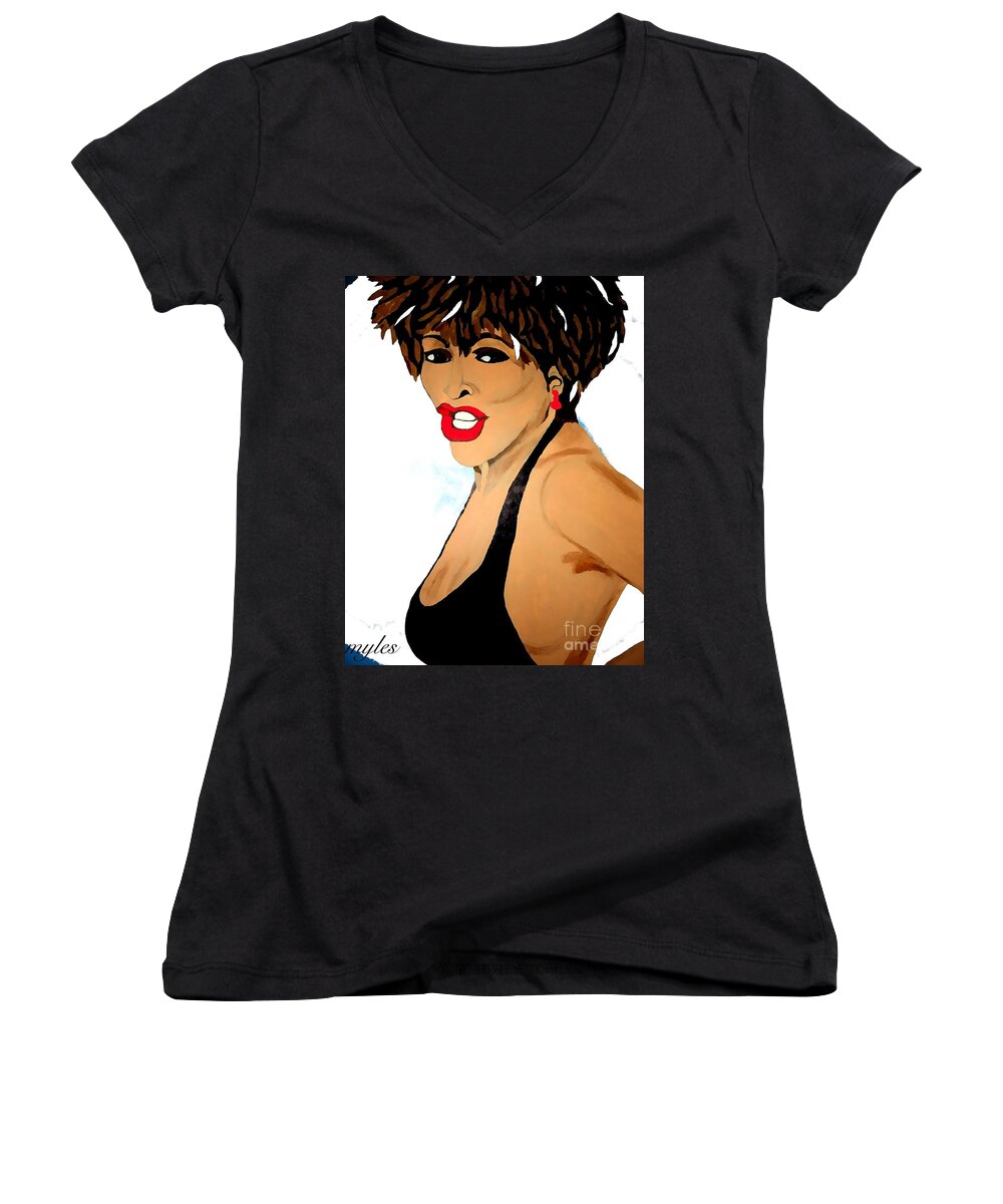 Tina Turner Women's V-Neck featuring the painting Tina Turner Fierce 3 by Saundra Myles