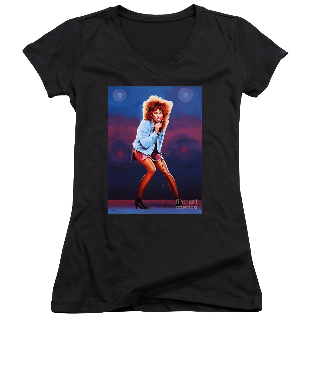Tina Turner Women's V-Neck featuring the painting Tina Turner by Paul Meijering