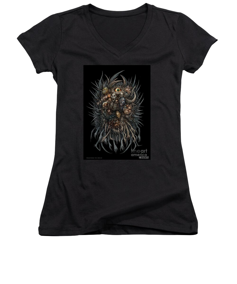 Tony Koehl Women's V-Neck featuring the mixed media Together We Decay by Tony Koehl