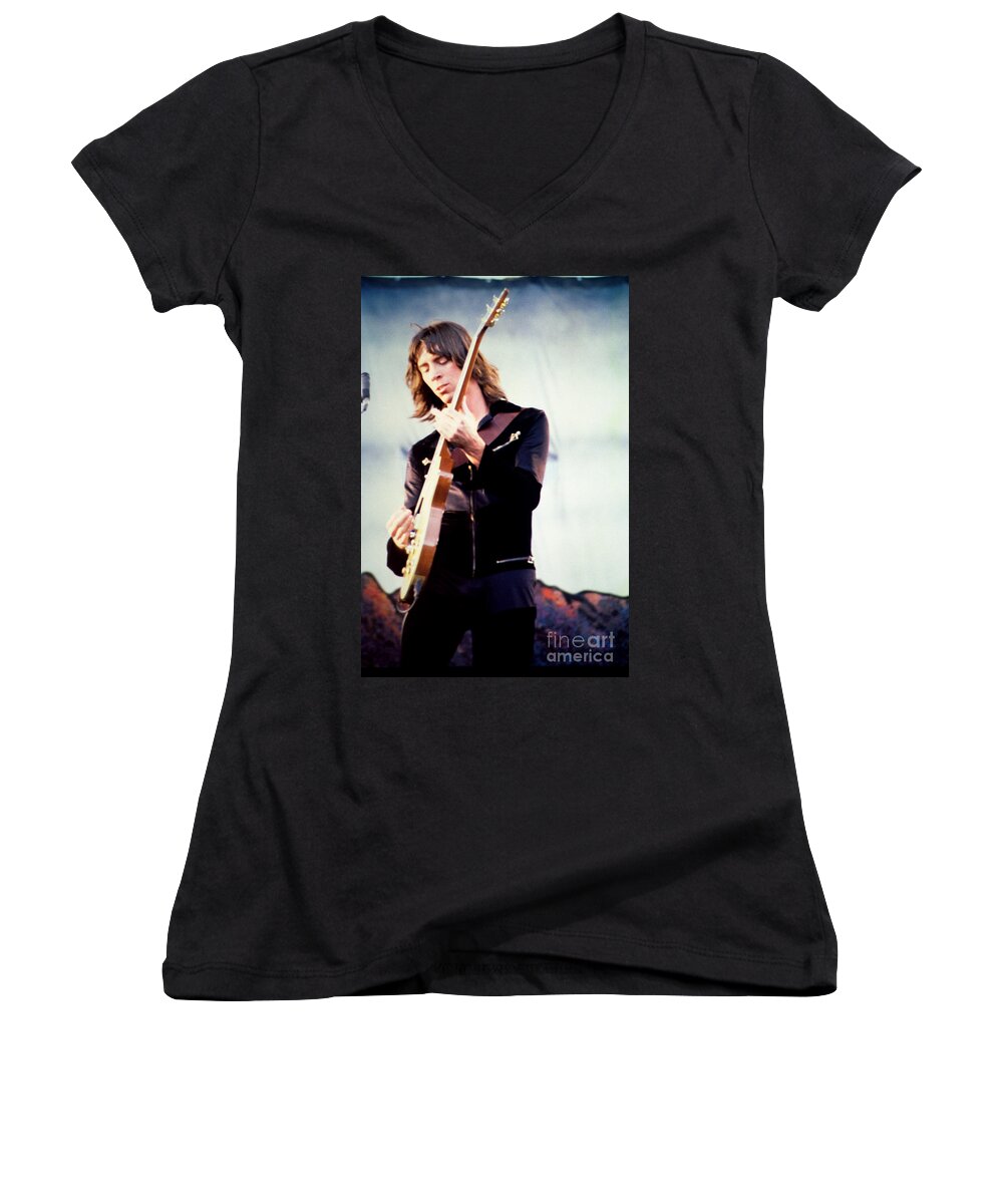 Tom Scholz Women's V-Neck featuring the photograph Tom Scholz of Boston-Day on the Green 1 in Oakland Ca 5-6-79 1st Release by Daniel Larsen