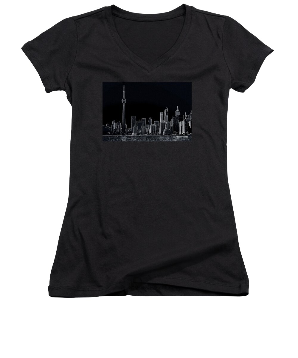 Toronto Women's V-Neck featuring the photograph Toronto Skyline black and white abstract by Jale Fancey