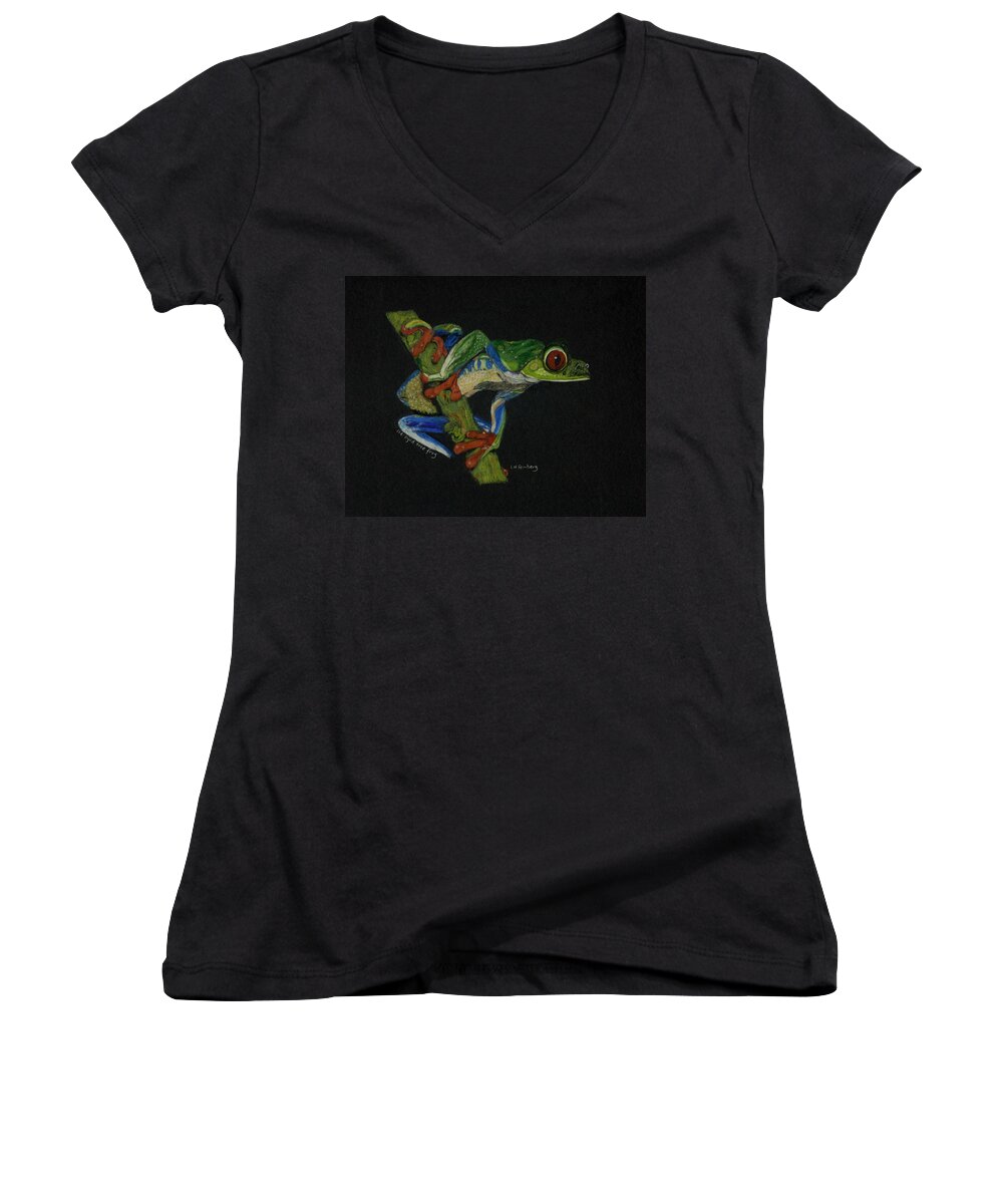 Frog Women's V-Neck featuring the painting Tree Frog by Linda Feinberg