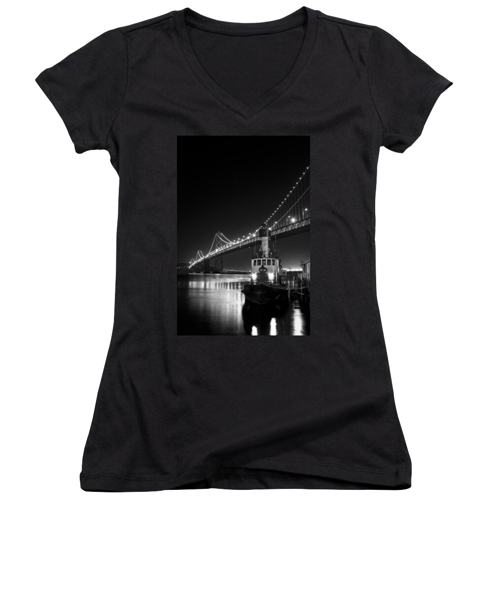 Tugboat Women's V-Neck featuring the photograph Tugboat Under the Bay Bridge by Bryant Coffey