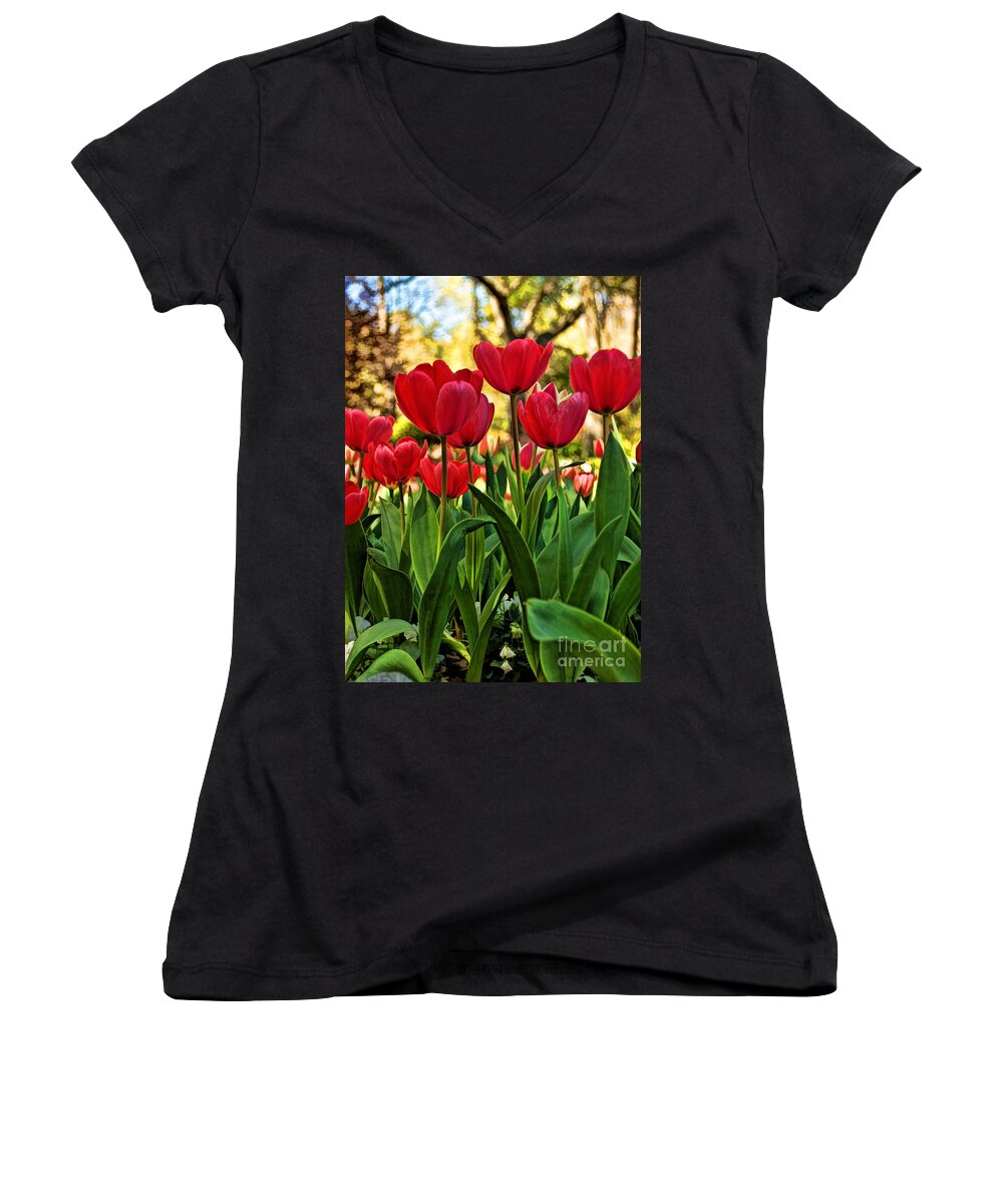 Tulips Women's V-Neck featuring the photograph Tulip Time by Peggy Hughes