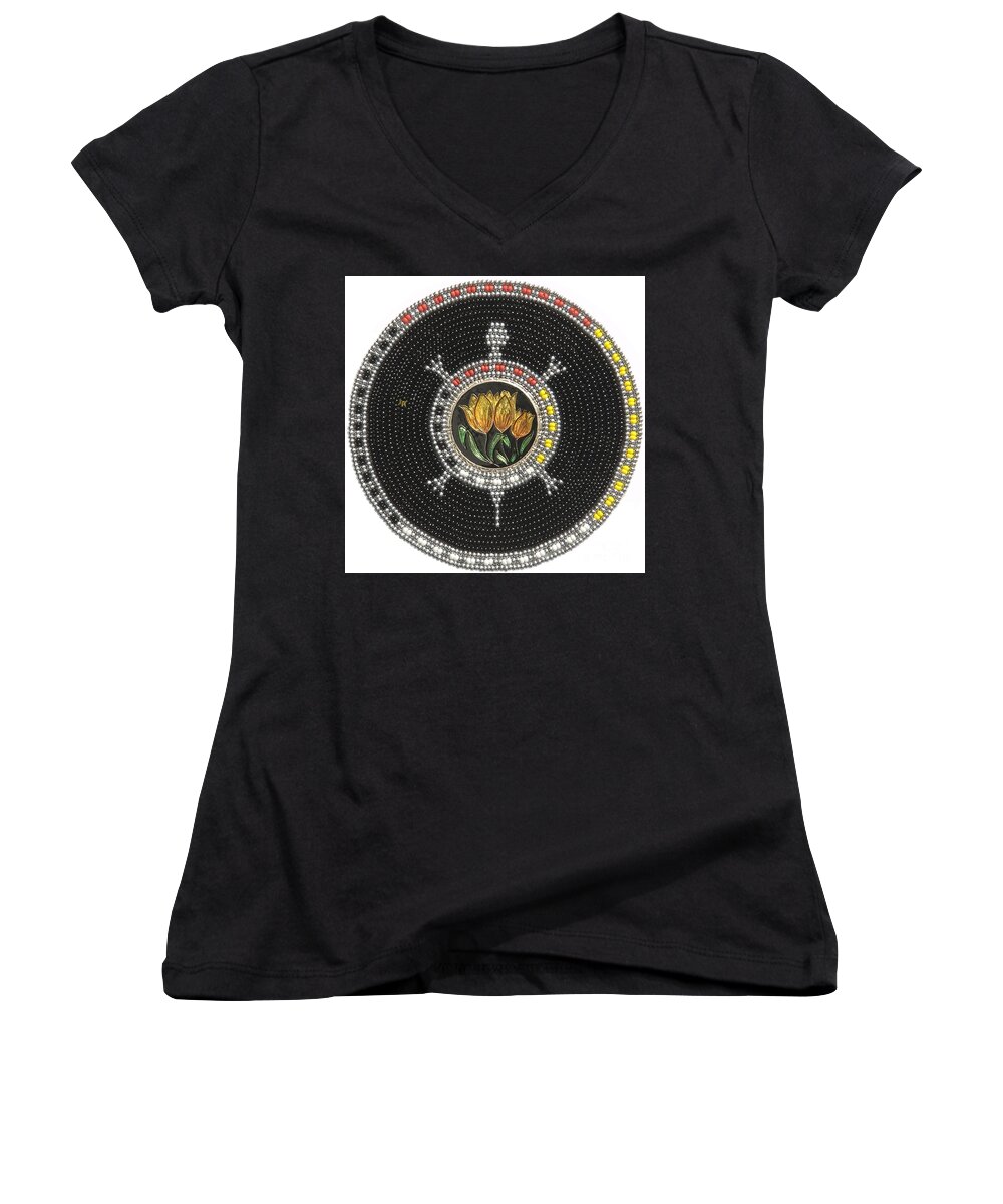 Beads Women's V-Neck featuring the mixed media Tulip Turtle by Douglas Limon