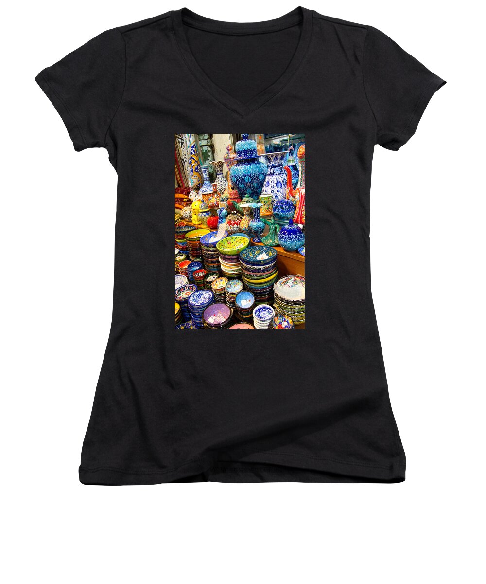 Grand Bazaar Women's V-Neck featuring the photograph Turkish Ceramic Pottery 1 by David Smith