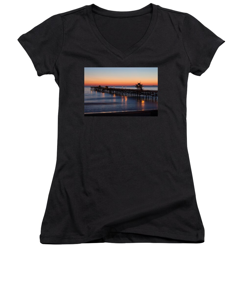 San Clemente Women's V-Neck featuring the photograph Twilight San Clemente Pier by Cliff Wassmann