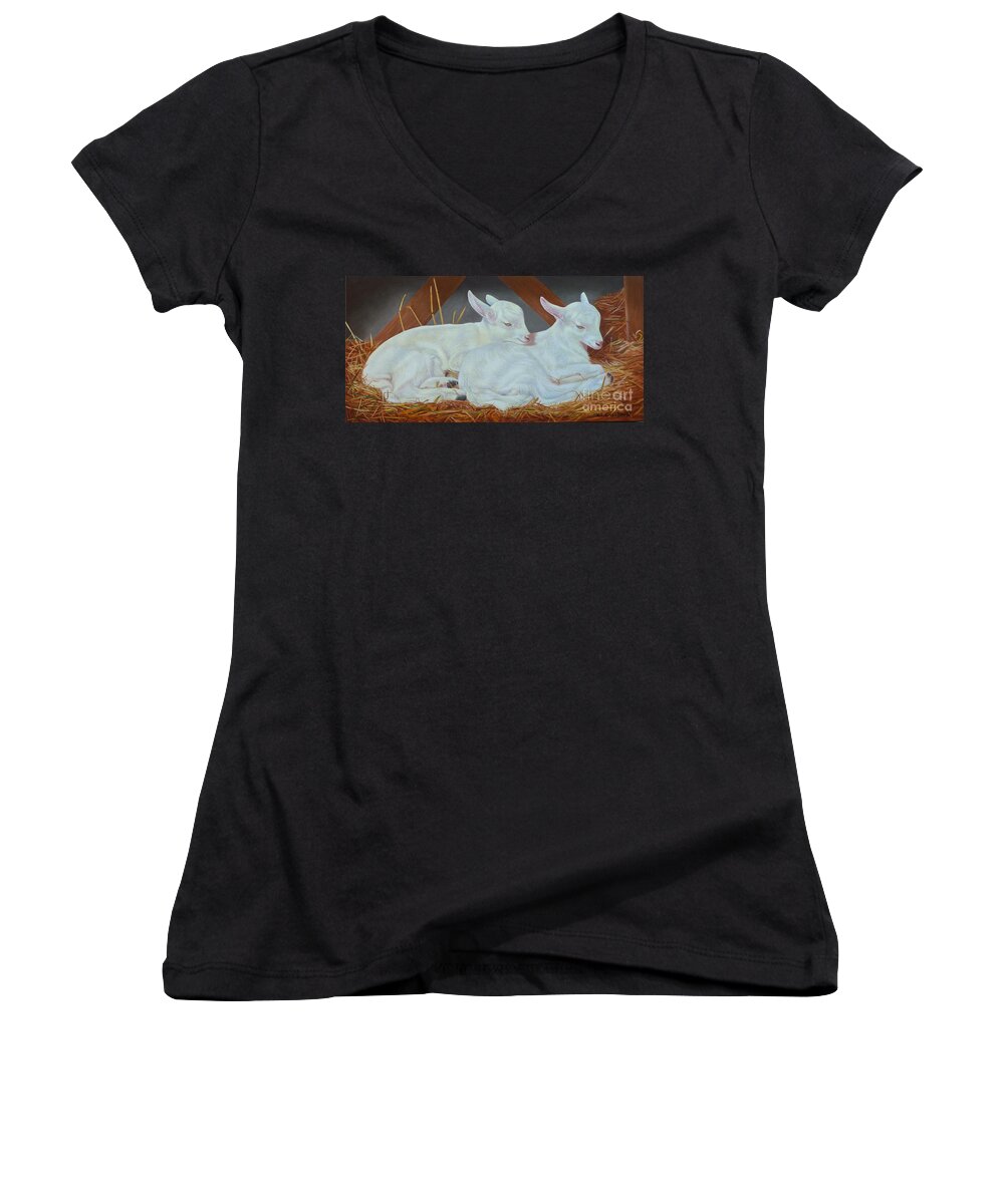 Twin Kids Women's V-Neck featuring the painting Twin Kids by K L Kingston