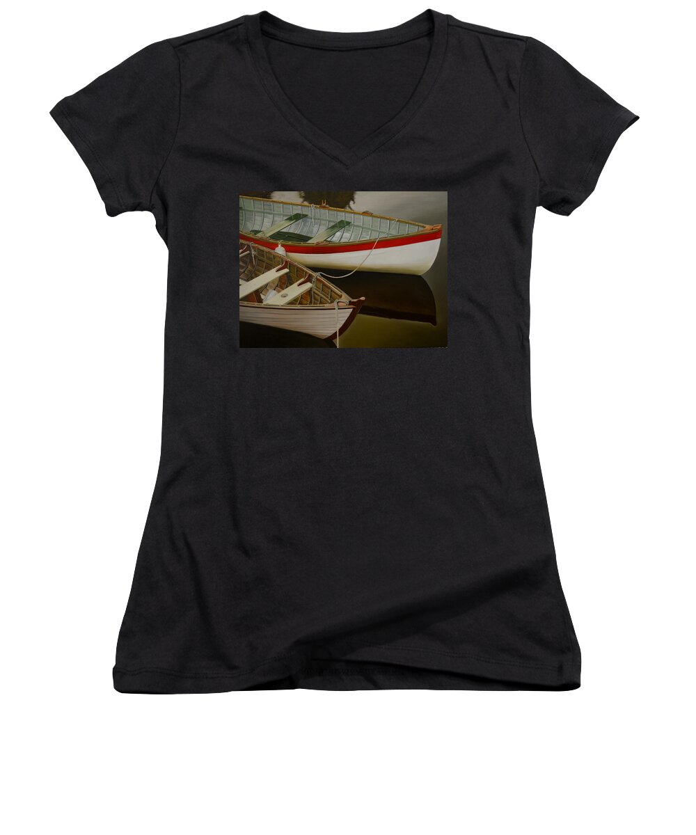 Boat Women's V-Neck featuring the painting Two Boats by Thu Nguyen