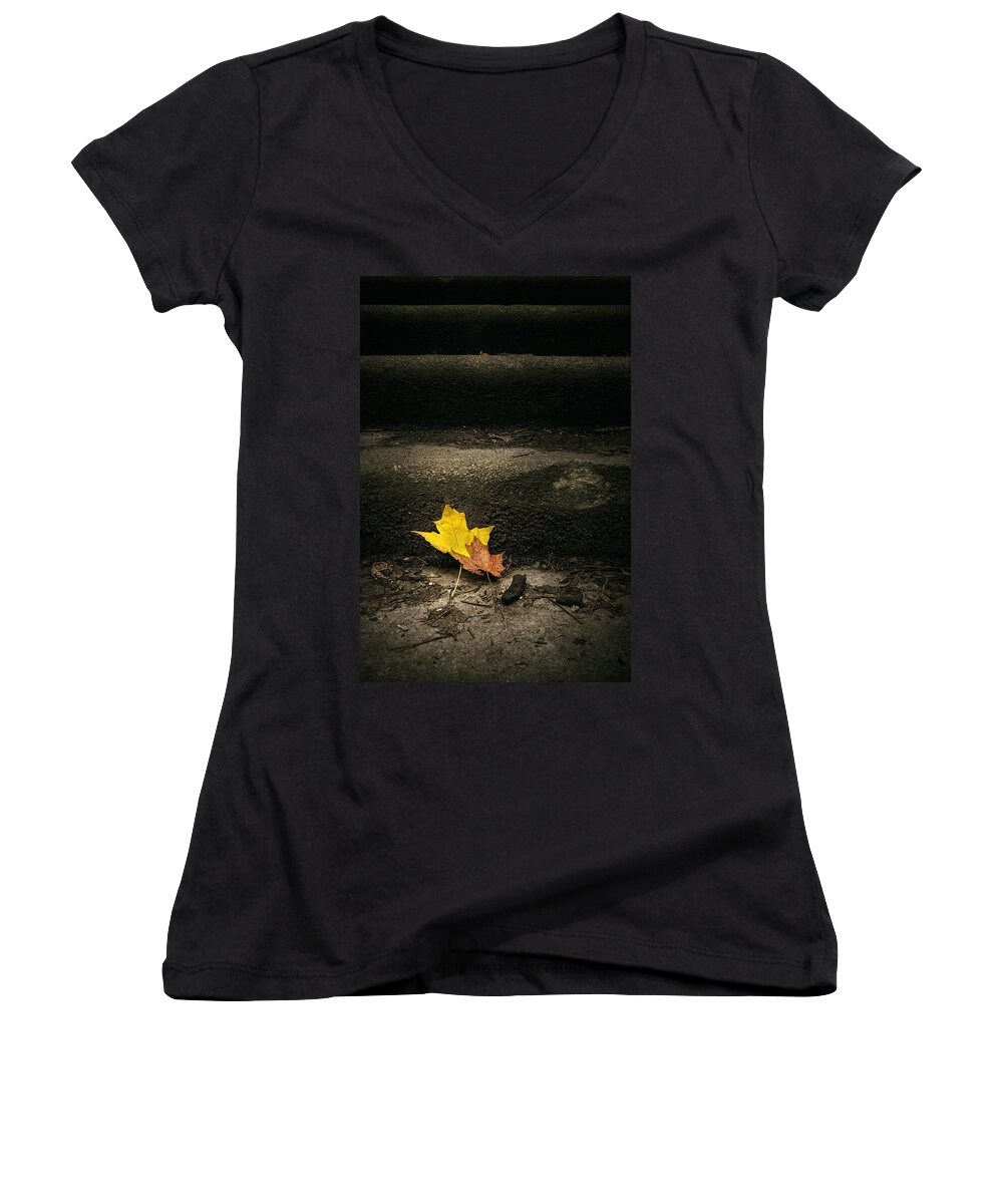 Leaf Women's V-Neck featuring the photograph Two Leaves on a Staircase by Scott Norris