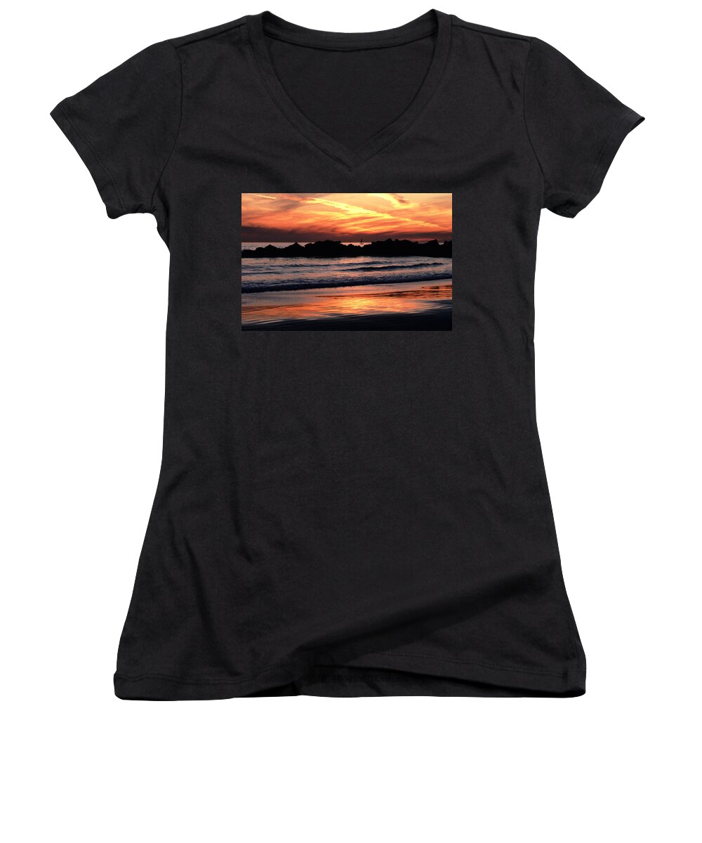 Meditative Women's V-Neck featuring the photograph Venice Beach Breaker Orange Yellow Sunset by Tom Wurl