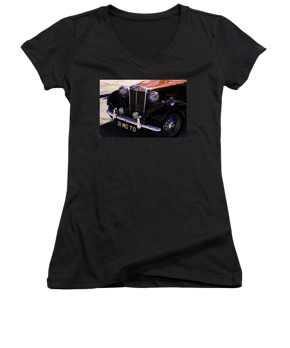 1951 Women's V-Neck featuring the photograph Vintage Car Art 51 MG TD Copper by Lesa Fine