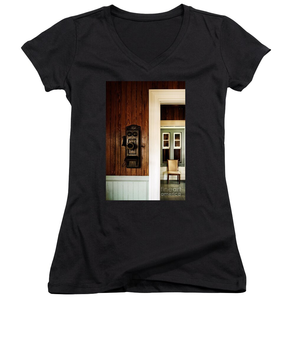 Vintage; Old; House; Home; Interior; Inside; Indoors; Still Life; Telephone; Phone; Wall; Paneling; Painted; Trim; Door Jam; Windows; Chair; Hall; Hallway; Furniture Women's V-Neck featuring the photograph Waiting on a Call by Margie Hurwich