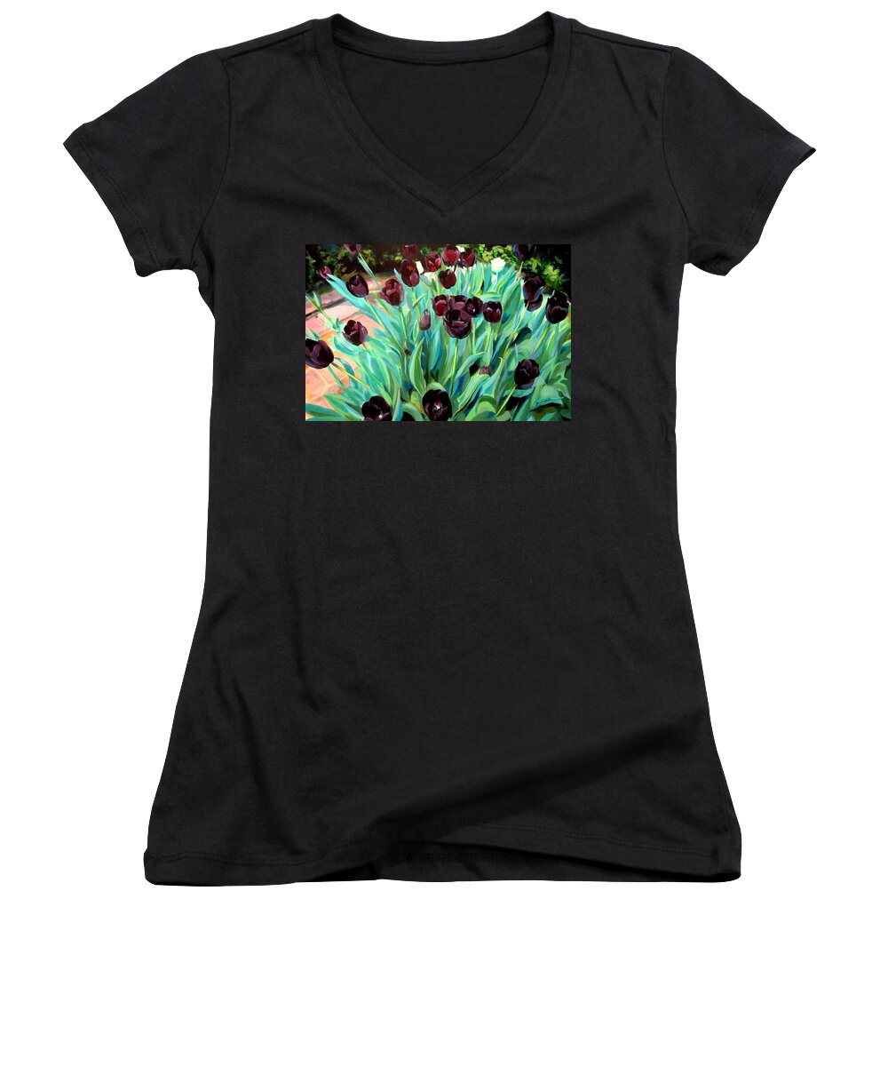 Tulips Women's V-Neck featuring the painting Walk Among the Tulips by John Duplantis