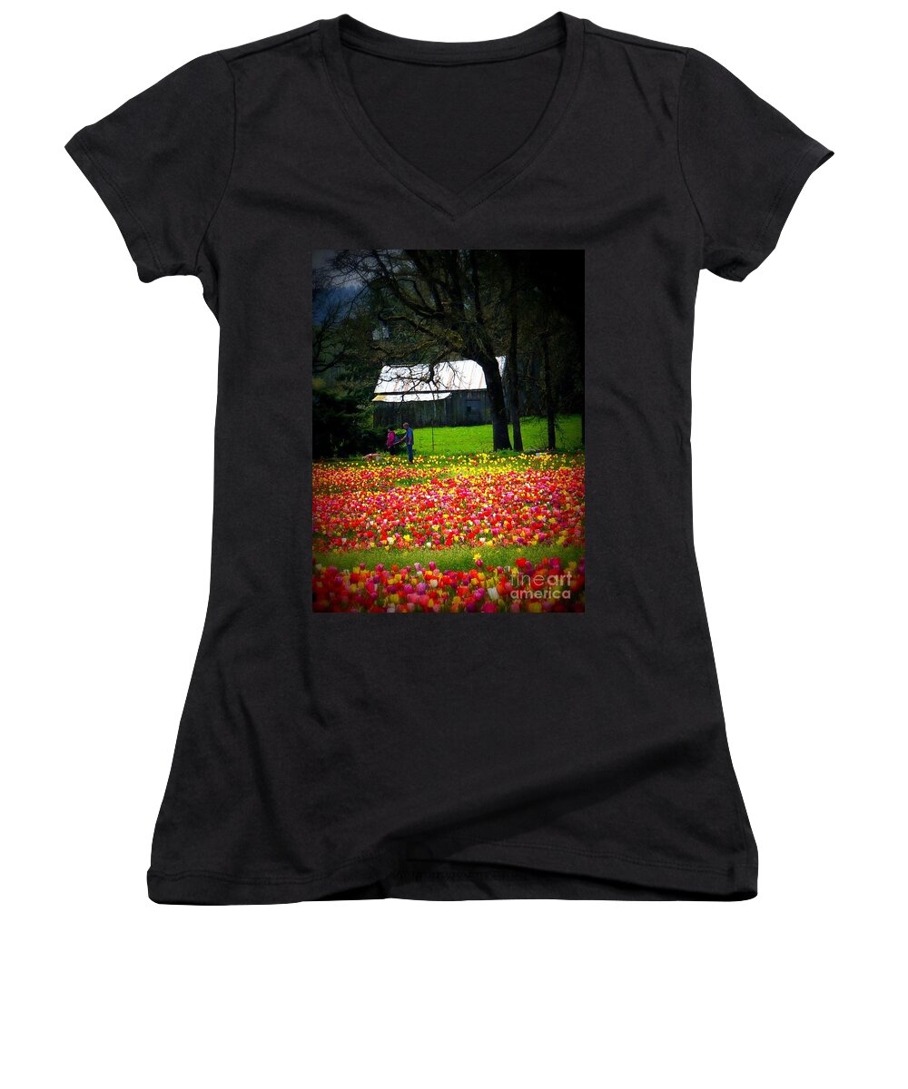 Scenic Landscape Women's V-Neck featuring the photograph Walking Through Tulips by Susan Garren