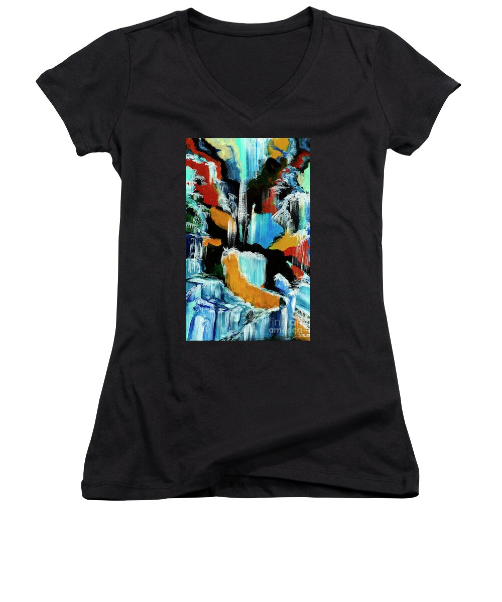 Acrylic Abstract Painting Women's V-Neck featuring the painting Waterfall Cascade by Lidija Ivanek - SiLa