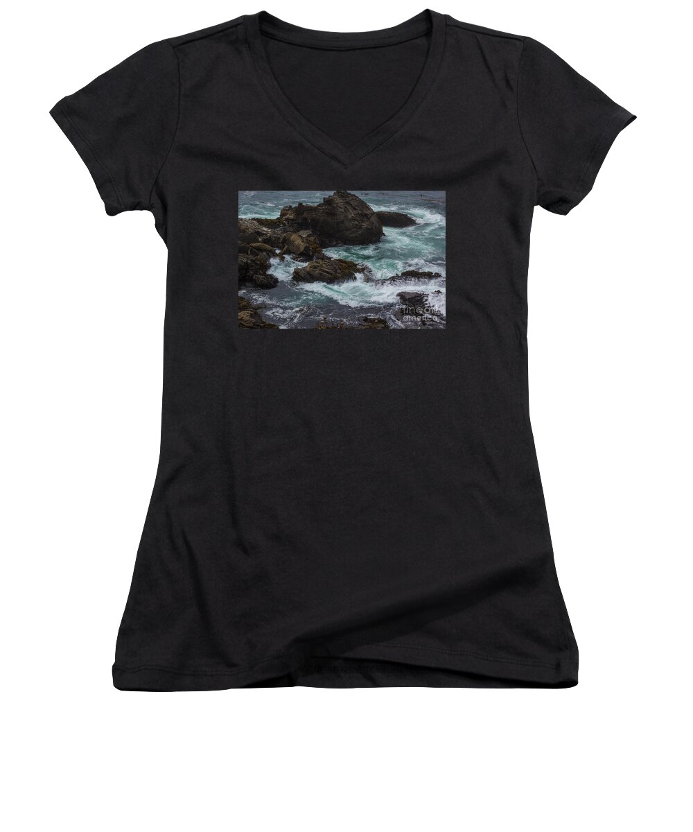 Rocks Women's V-Neck featuring the photograph Waves Meet Rock by Suzanne Luft