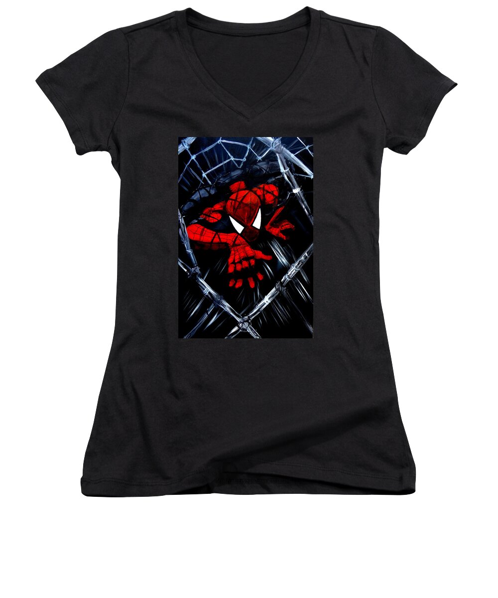 Spiderman Women's V-Neck featuring the painting Web Crawler by Katy Hawk