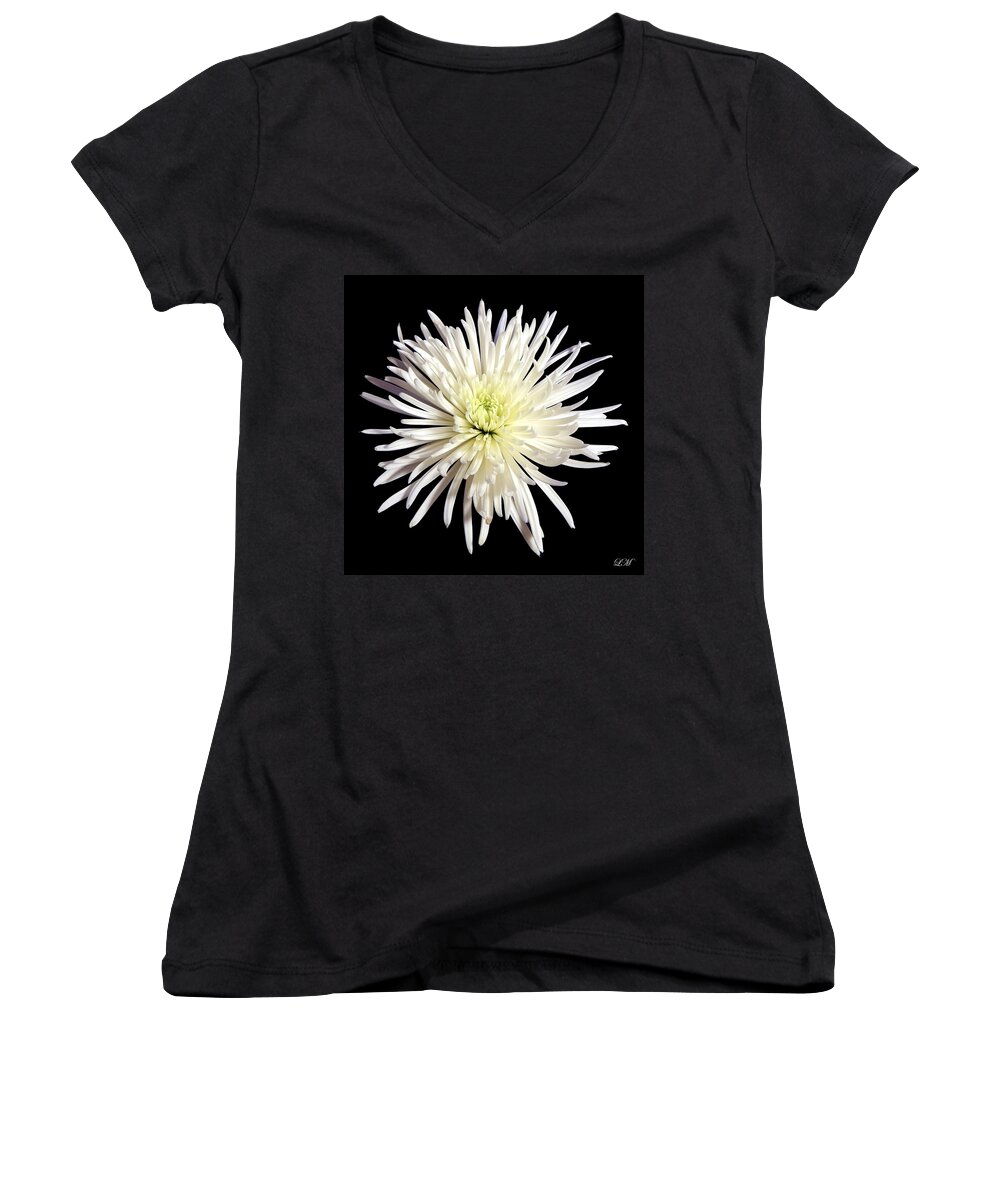 Flowers Women's V-Neck featuring the photograph White Chrysanthemum Still Life Flower Art Poster by Lily Malor