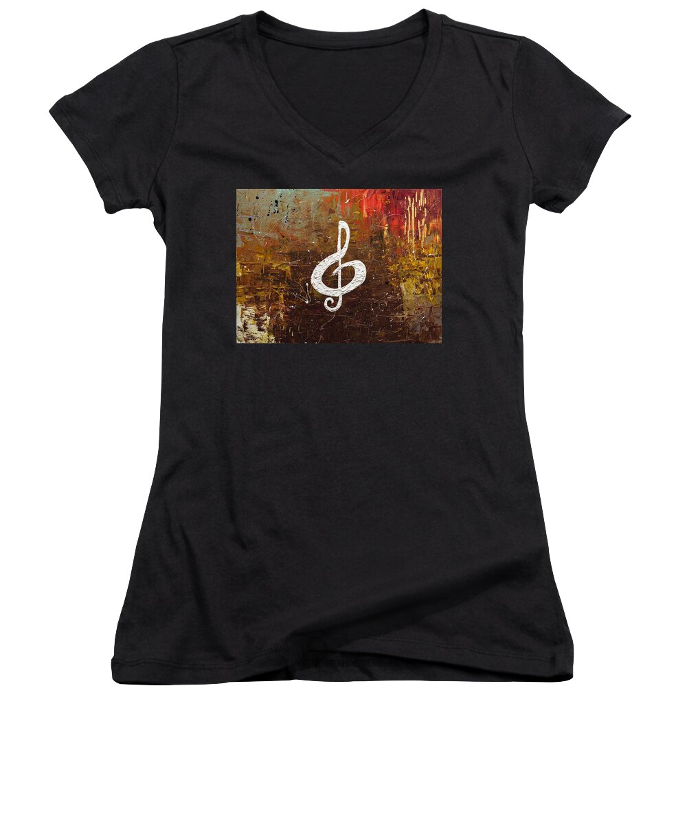 Music Abstract Art Women's V-Neck featuring the painting White Clef by Carmen Guedez