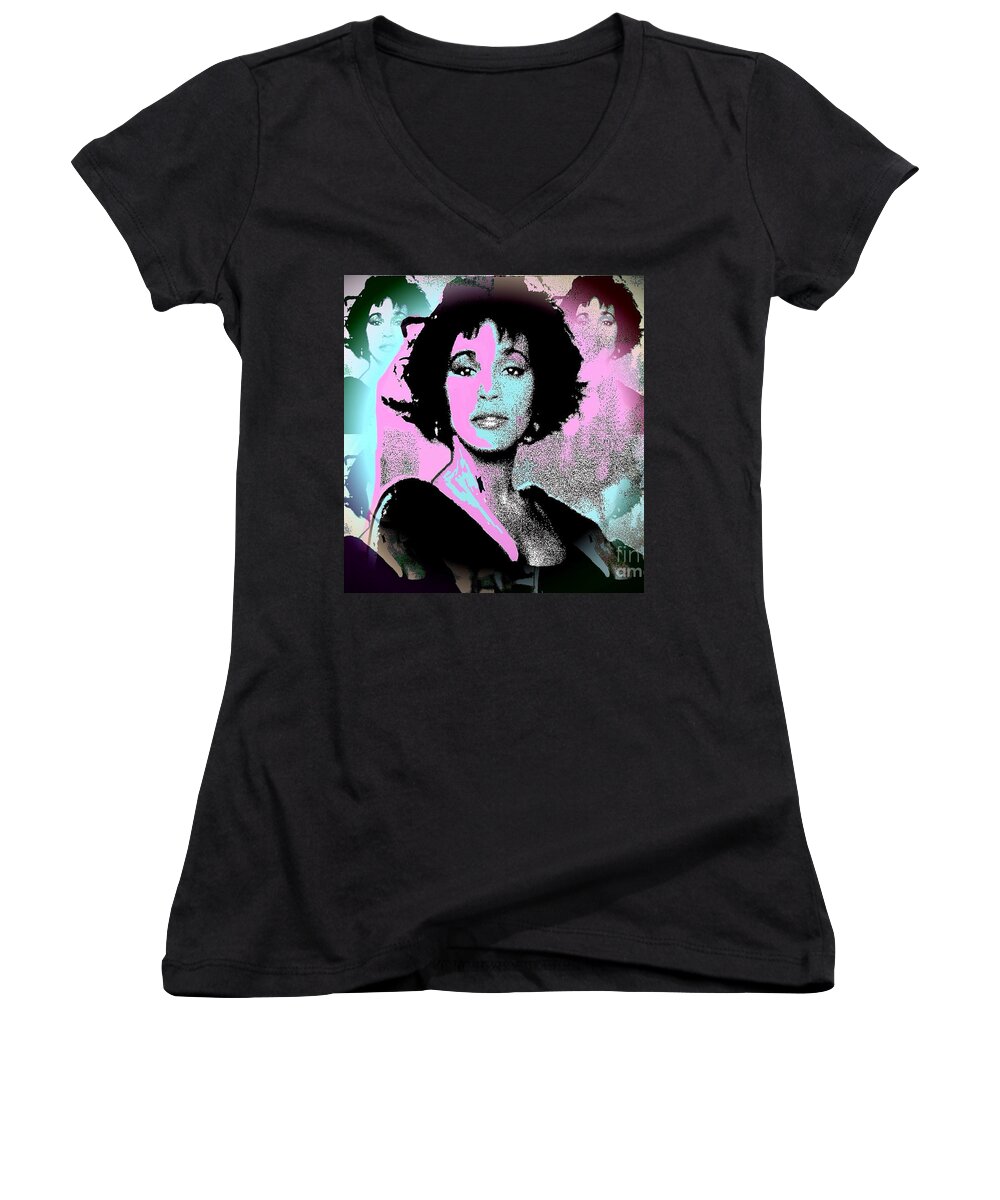 Whitney Houston Women's V-Neck featuring the painting Whitney Houston Sing For Me Again by Saundra Myles